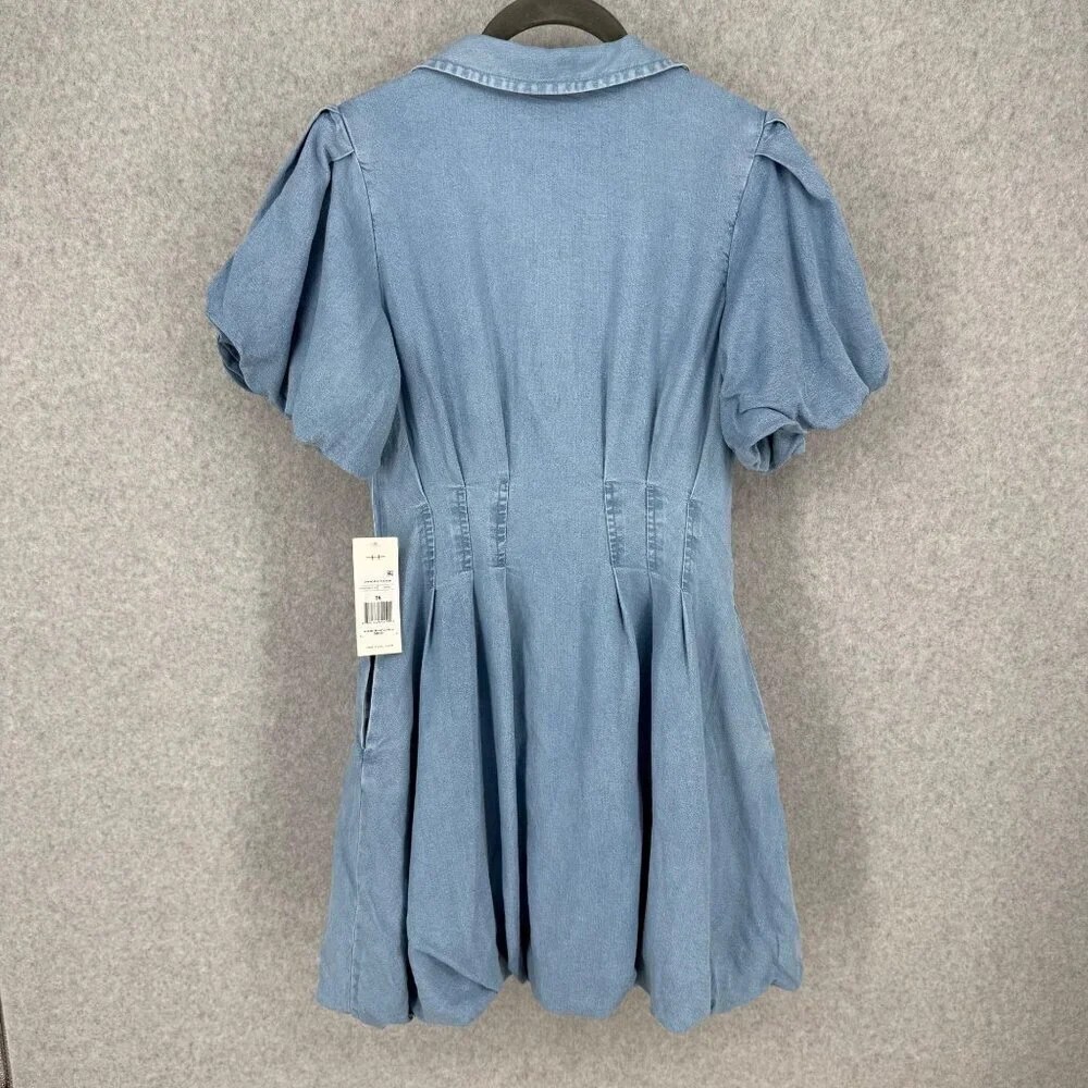 Habitual Girl Chambray Bubble Hem Dress Size 16 Button Front Puff Sleeve NEW